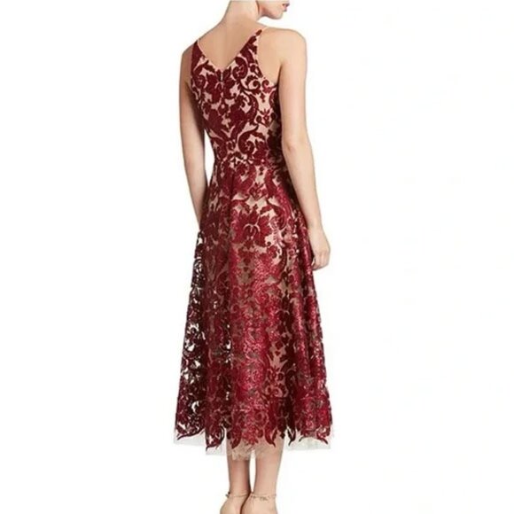 NWT Dress The Population Blair V-Neck Sequined Mesh Flare Dress XS Wine Berry - Picture 3 of 12
